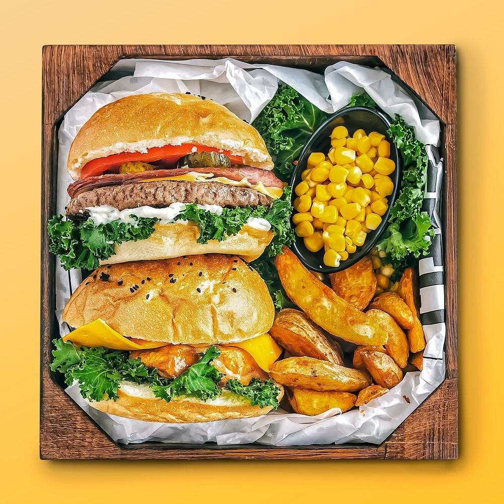 Hamburger meal plate, food photography psd