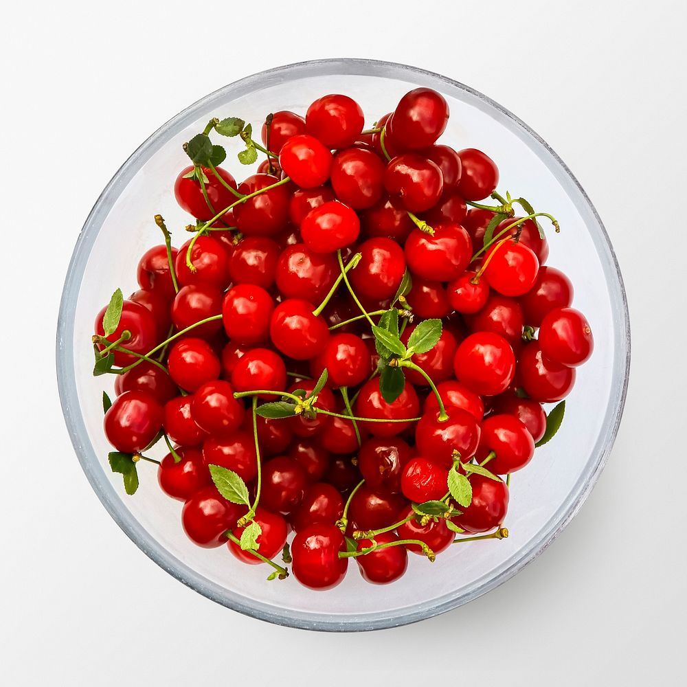 Red cherries on a plate, food photography psd