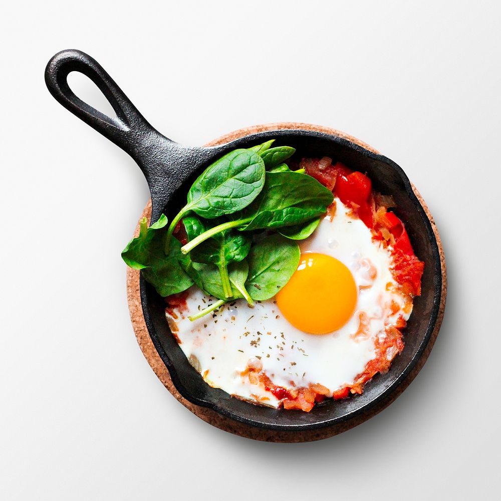 Breakfast skillet on white background, food photography