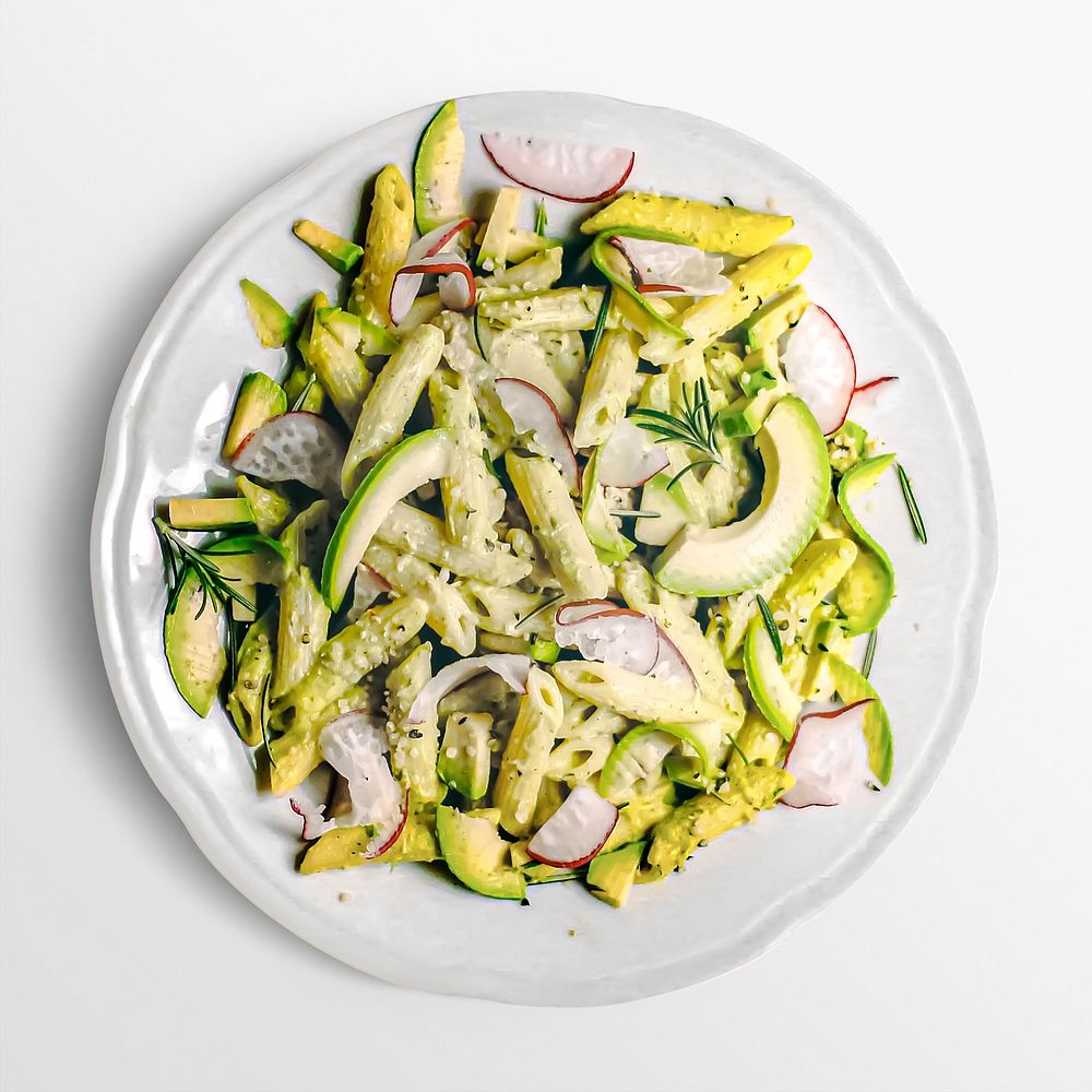 Avocado pasta on a plate, food photography, flat lay style