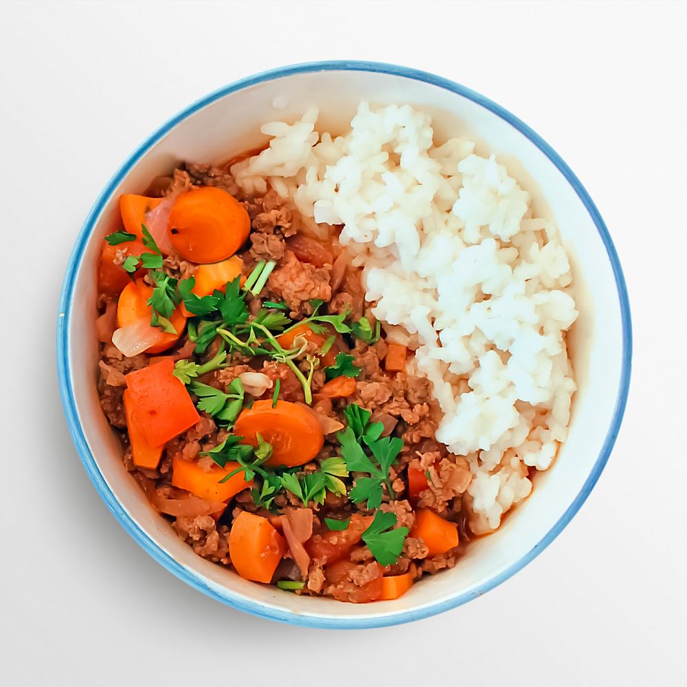 Minced meat with rice, food photography, flat lay style