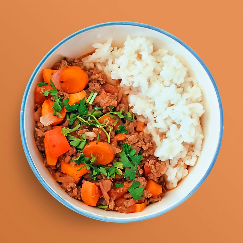 Minced meat with rice, food photography, flat lay style