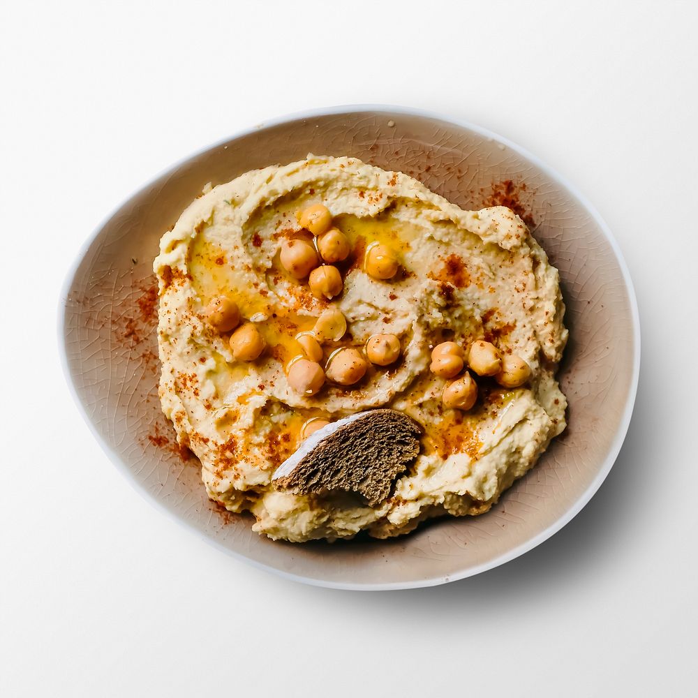 Hummus in a bowl, food photography, flat lay style