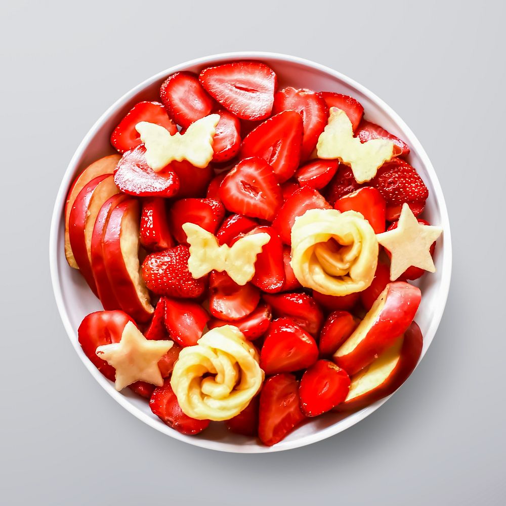 Red fruit bowl, food photography, flat lay style