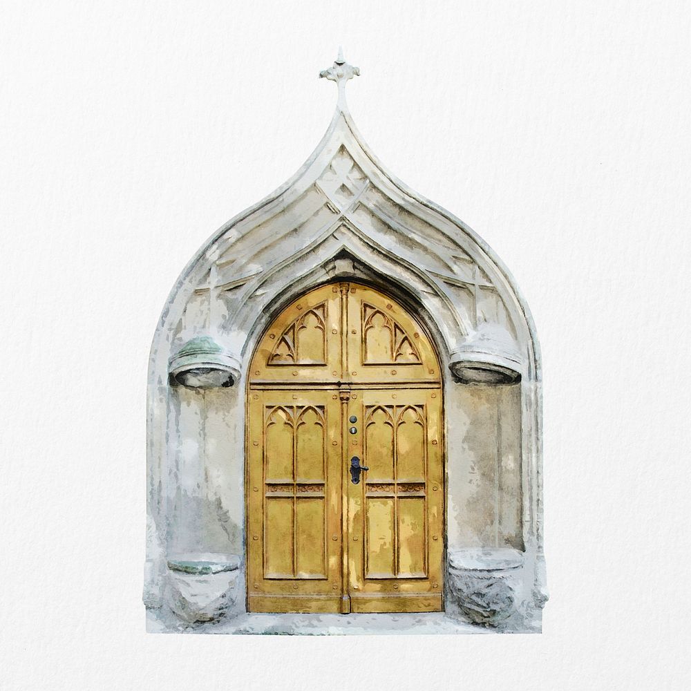 Gothic church door clipart, watercolor medieval architecture psd