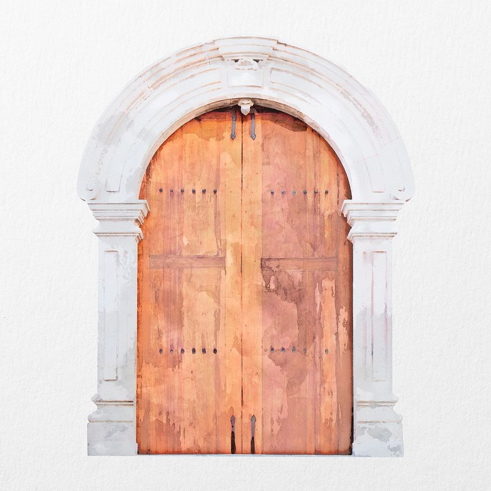 Ancient watercolor door clipart, architecture illustration psd