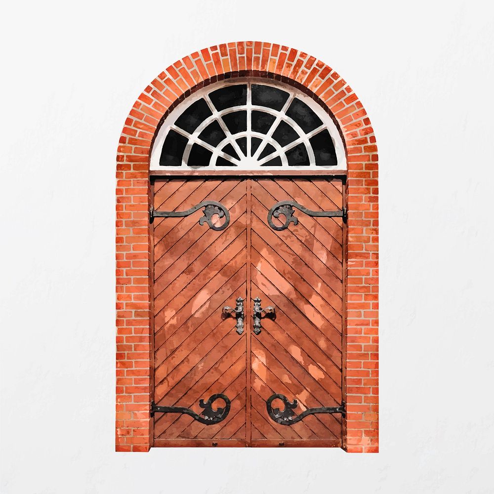 Watercolor arched door clipart, church entrance with window vector