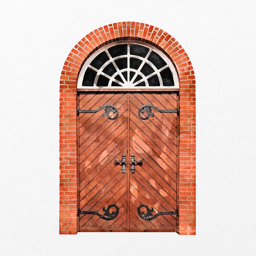 Watercolor arched door clipart, church entrance with window