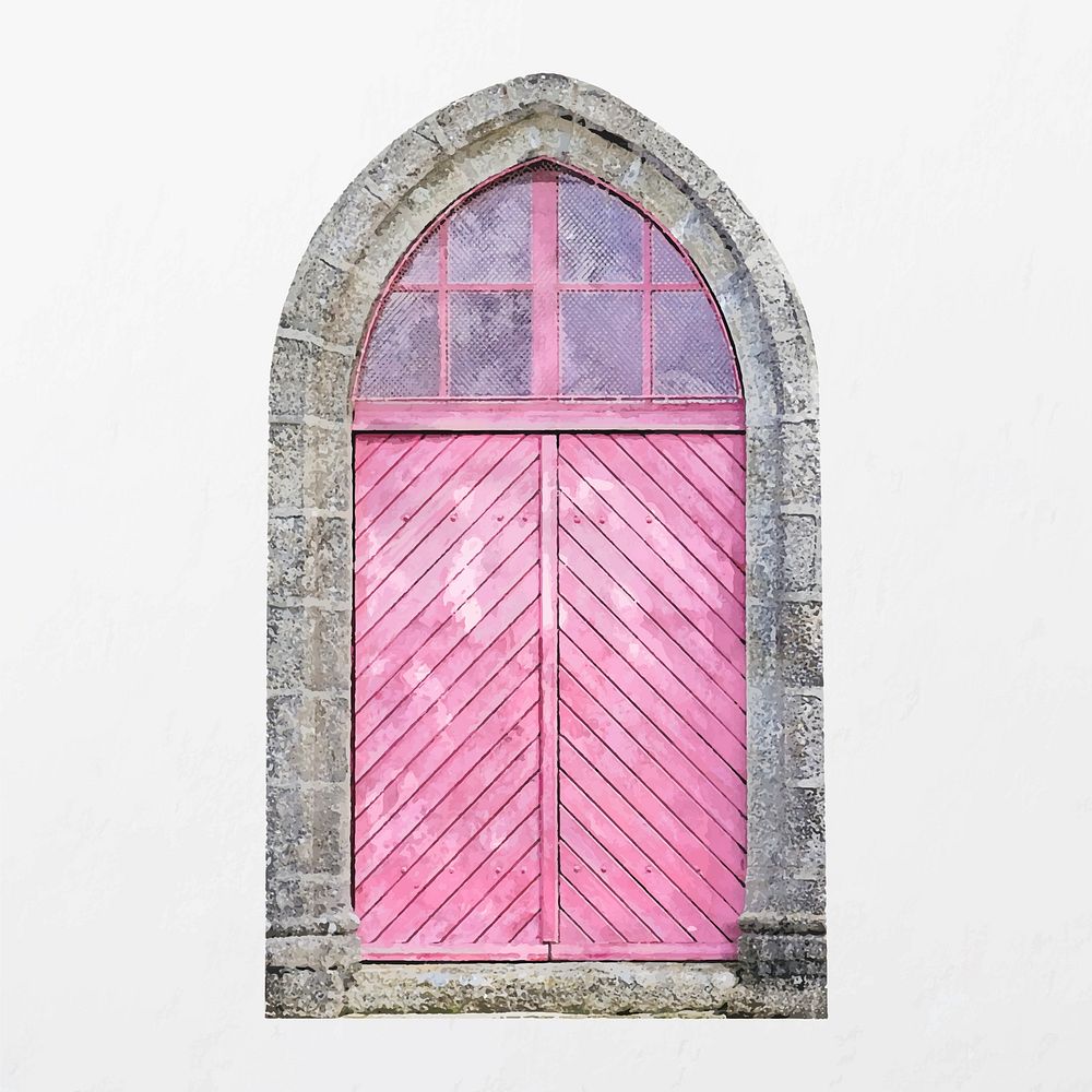 Pink church door clipart, watercolor architecture illustration vector