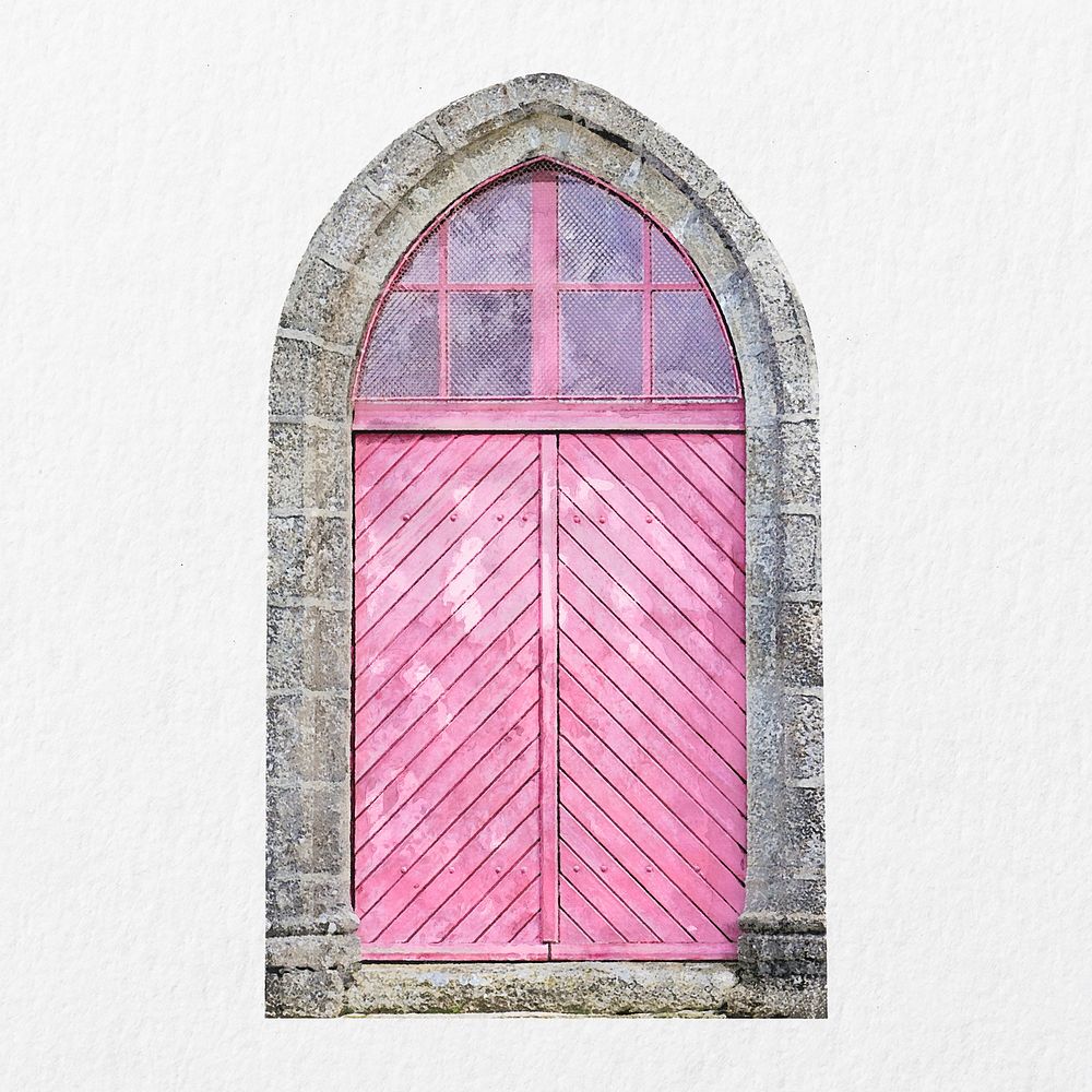 Pink church door clipart, watercolor architecture illustration