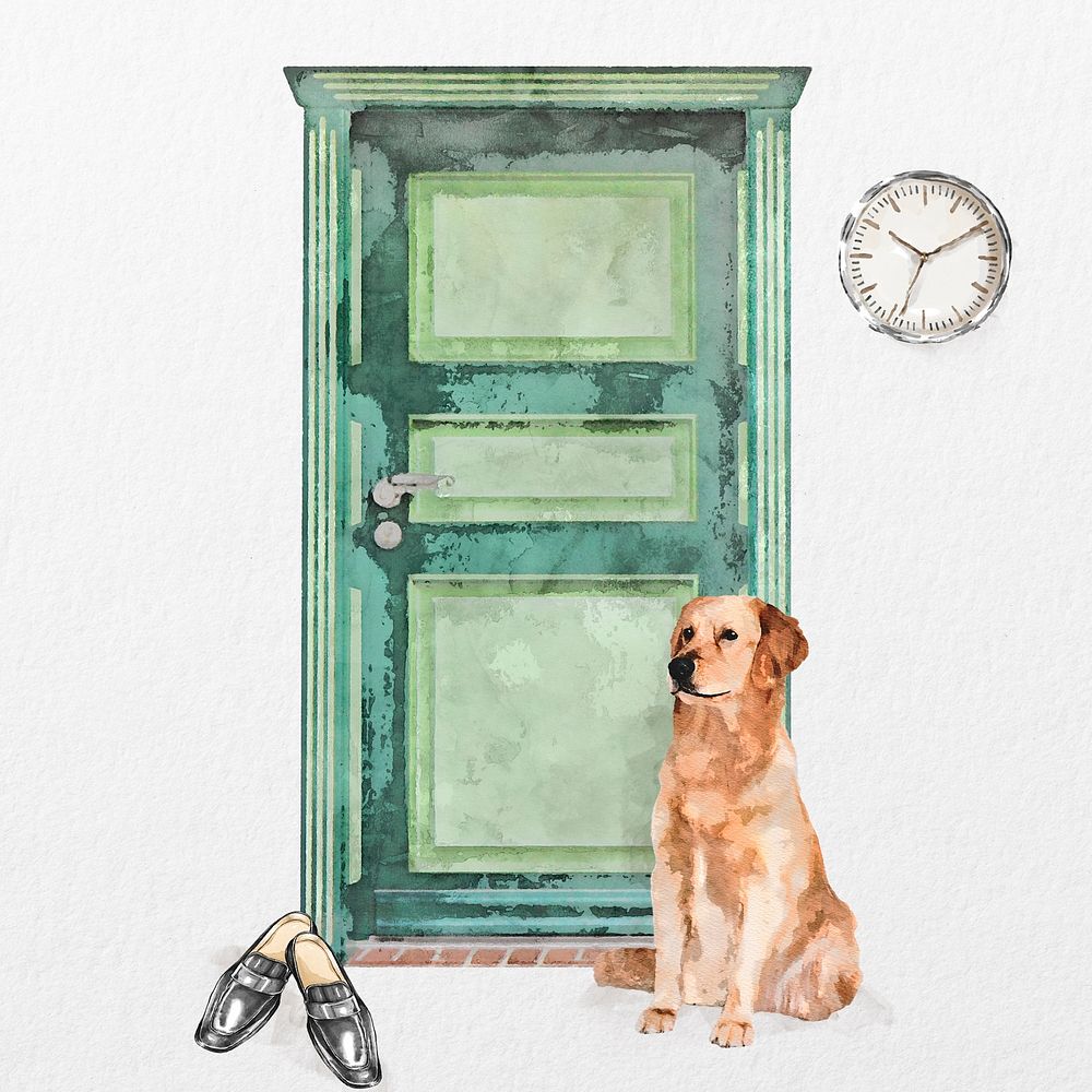 Golden retriever waiting at door clipart, watercolor illustration