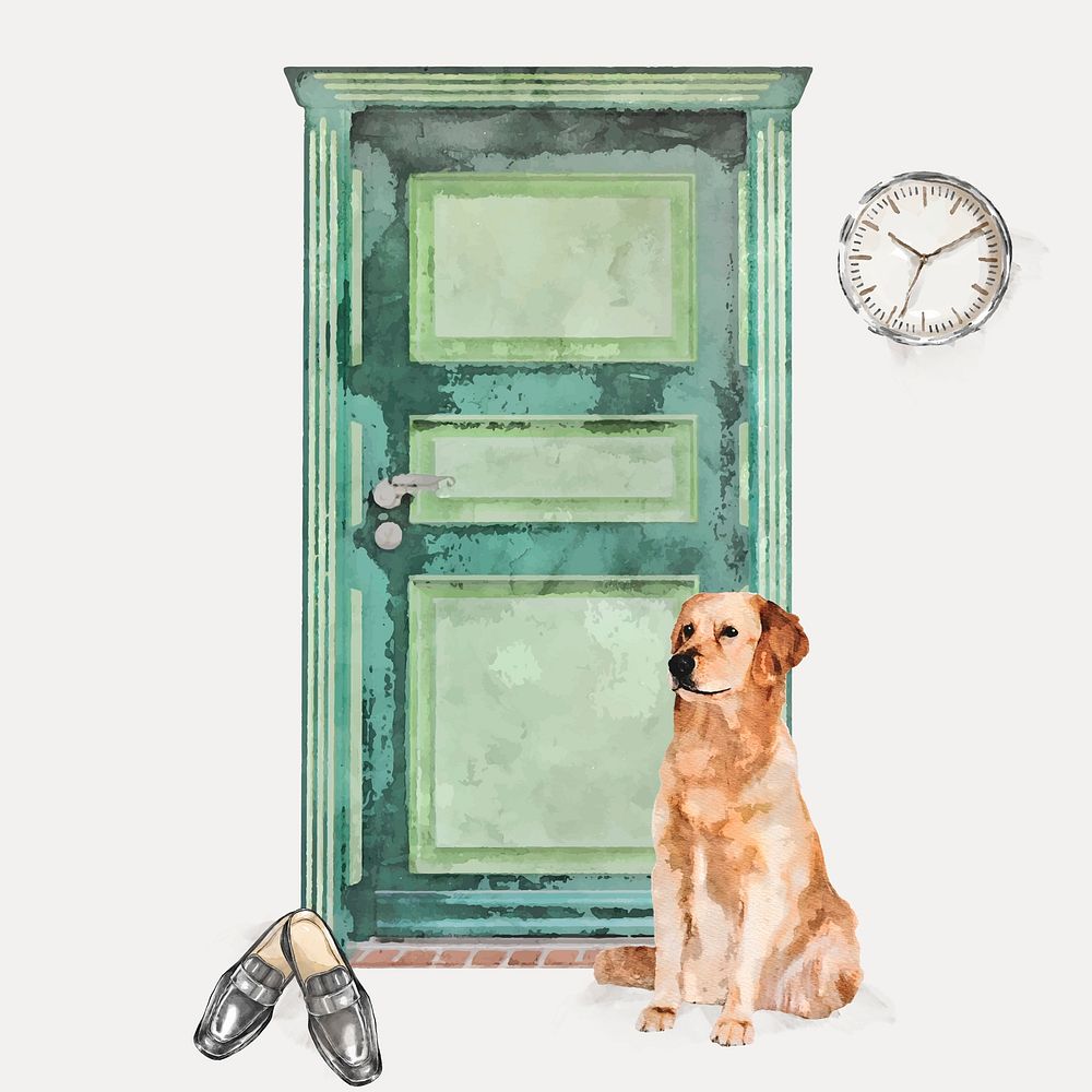 Golden retriever waiting at door clipart, watercolor illustration vector