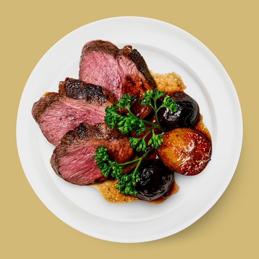 Rare cooked meat on a plate, food photography psd