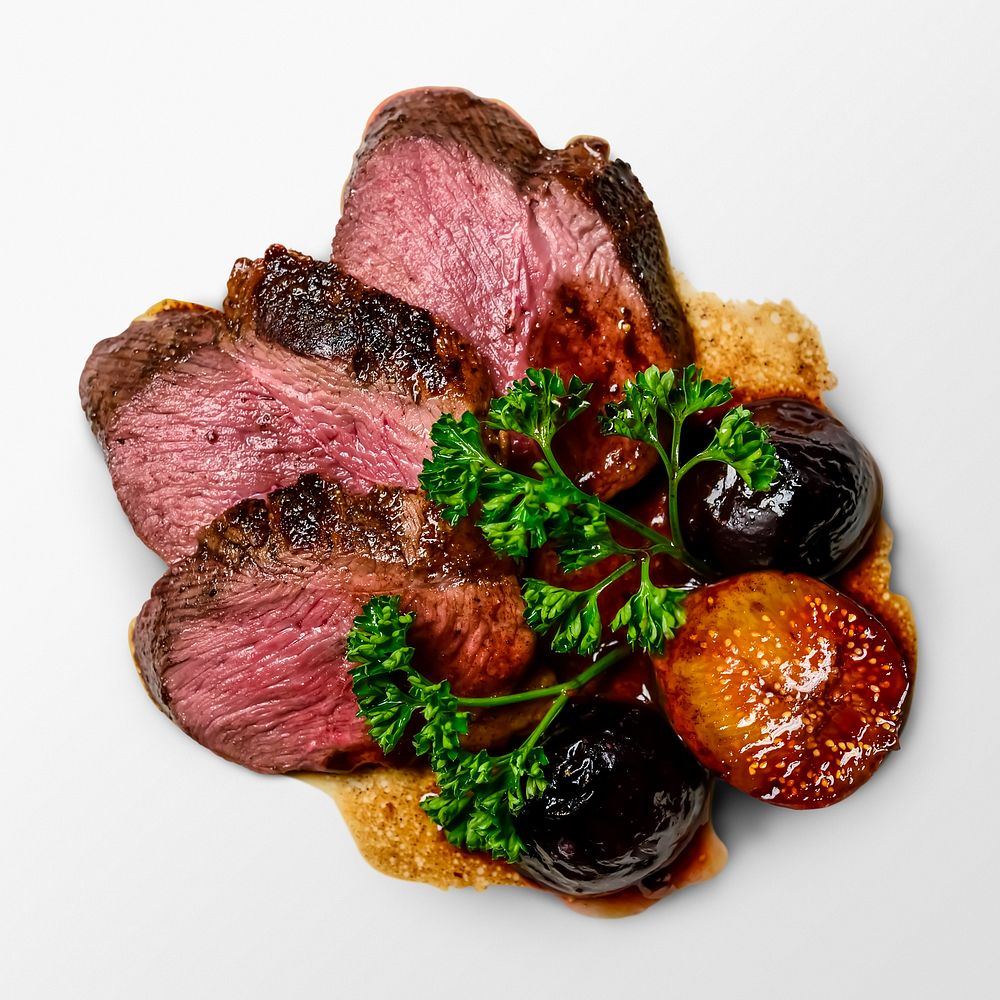 Rare cooked meat on white background, food photography