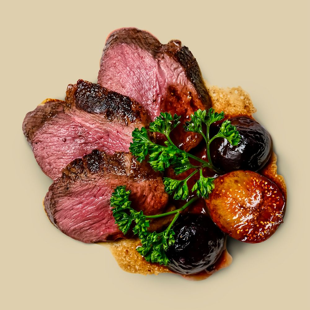 Rare cooked meat on beige background, food photography