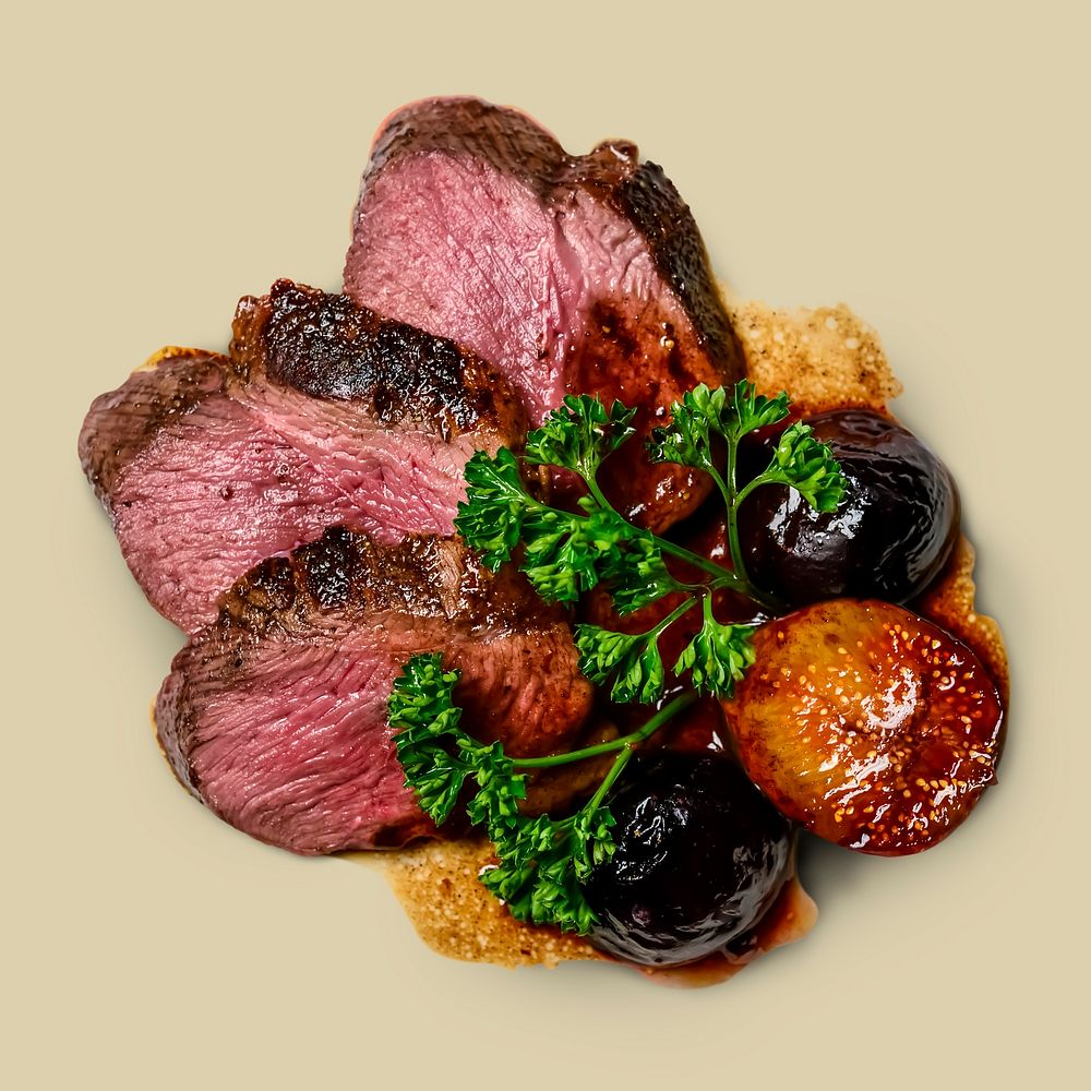 Rare cooked meat sticker, food photography psd