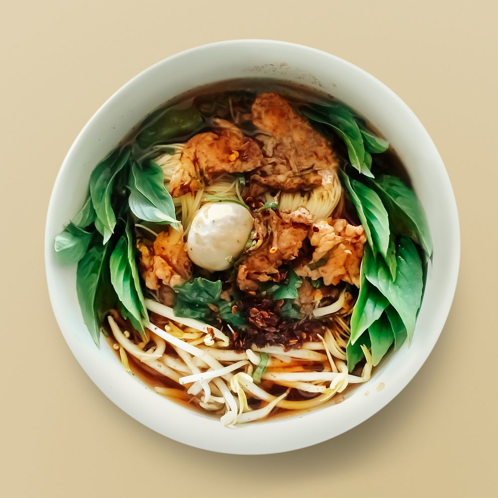 Noodle soup in a bowl, food photography, flat lay style