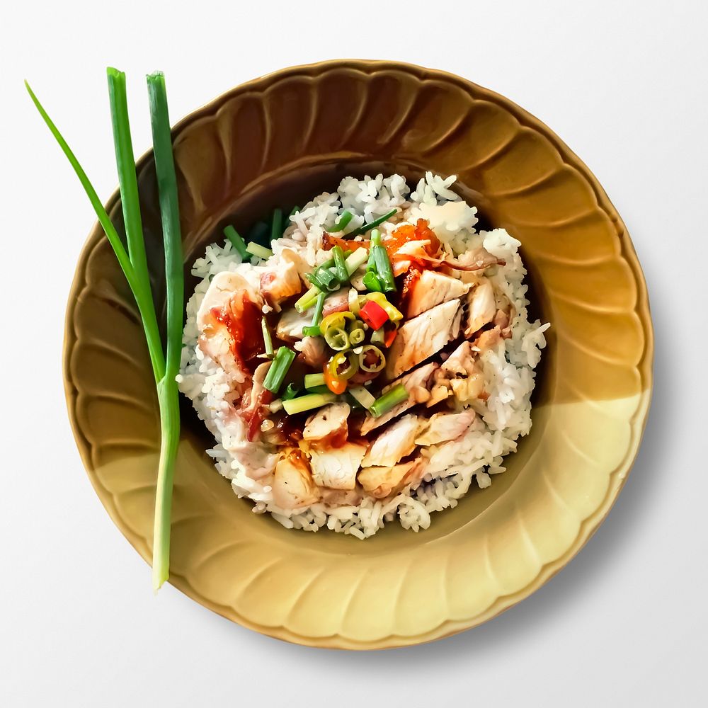 Chicken with rice on white background, food photography