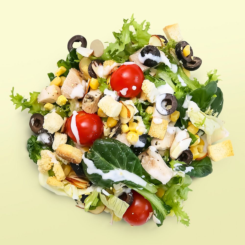 Fresh salad on yellow background, food photography, flat lay style