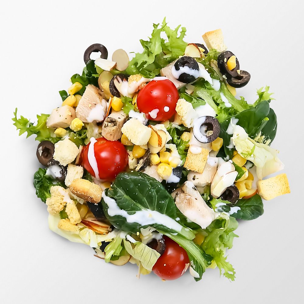 Fresh salad on white background, food photography, flat lay style