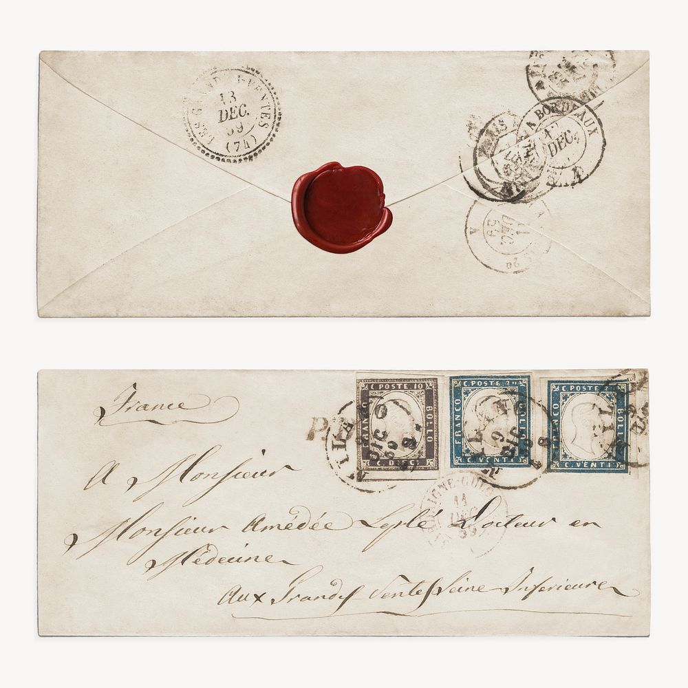 Antique envelope with postmark and stamps set