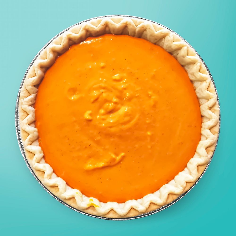 Pumpkin pie on turquoise background, food photography