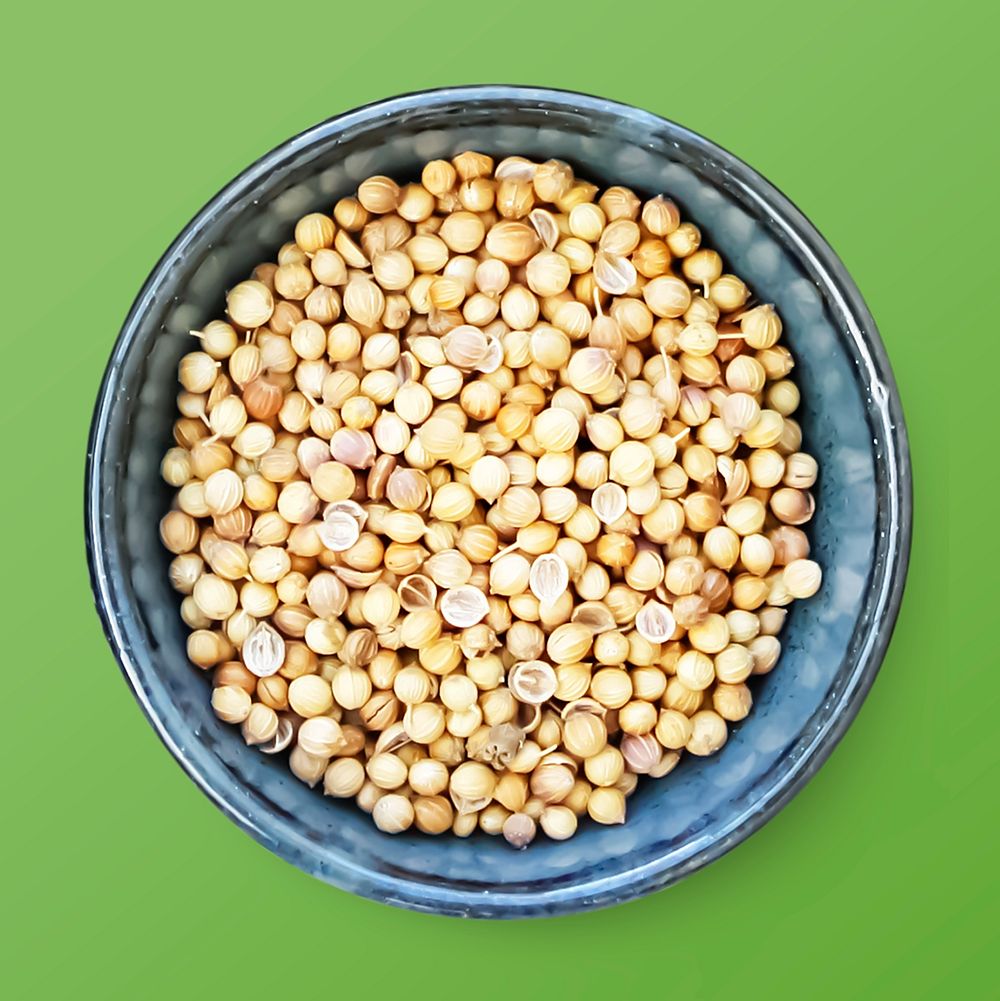 Coriander seeds in a bowl, food photography, flat lay style