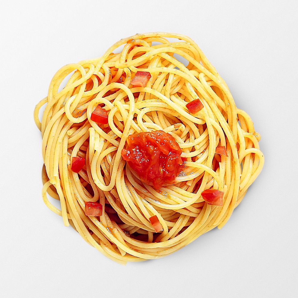 Pasta on white background, food photography, flat lay style
