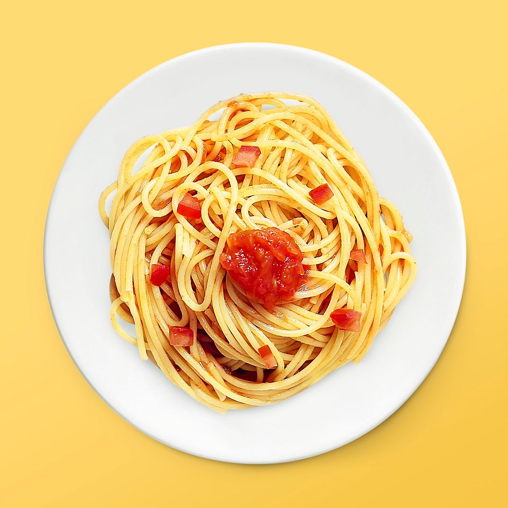 Pasta dish on a plate, food photography, flat lay style