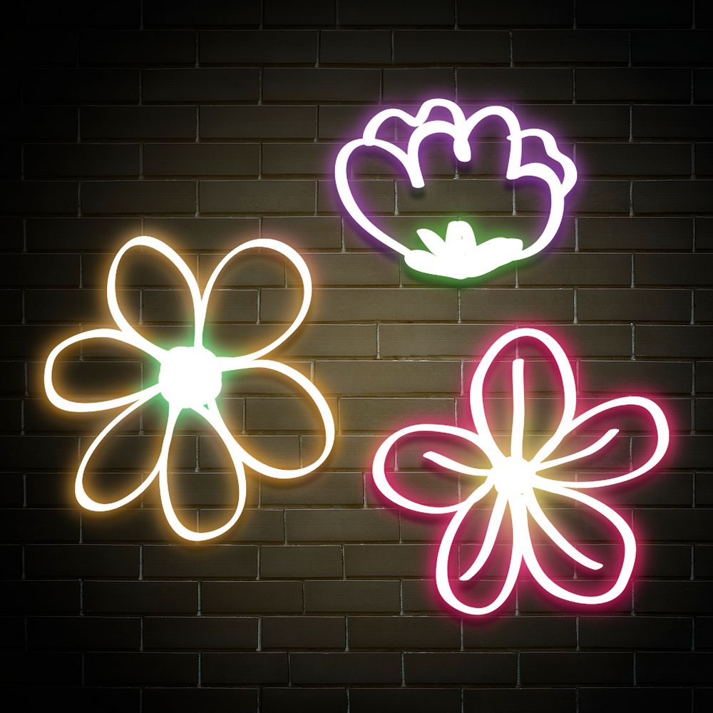 Neon flower psd glowing sign collection brick background