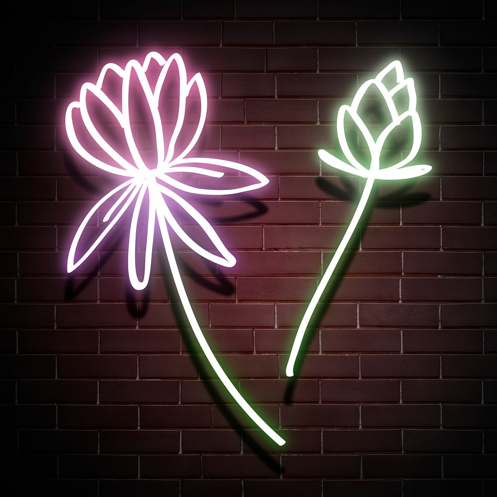Neon flowers doodle glowing sign set