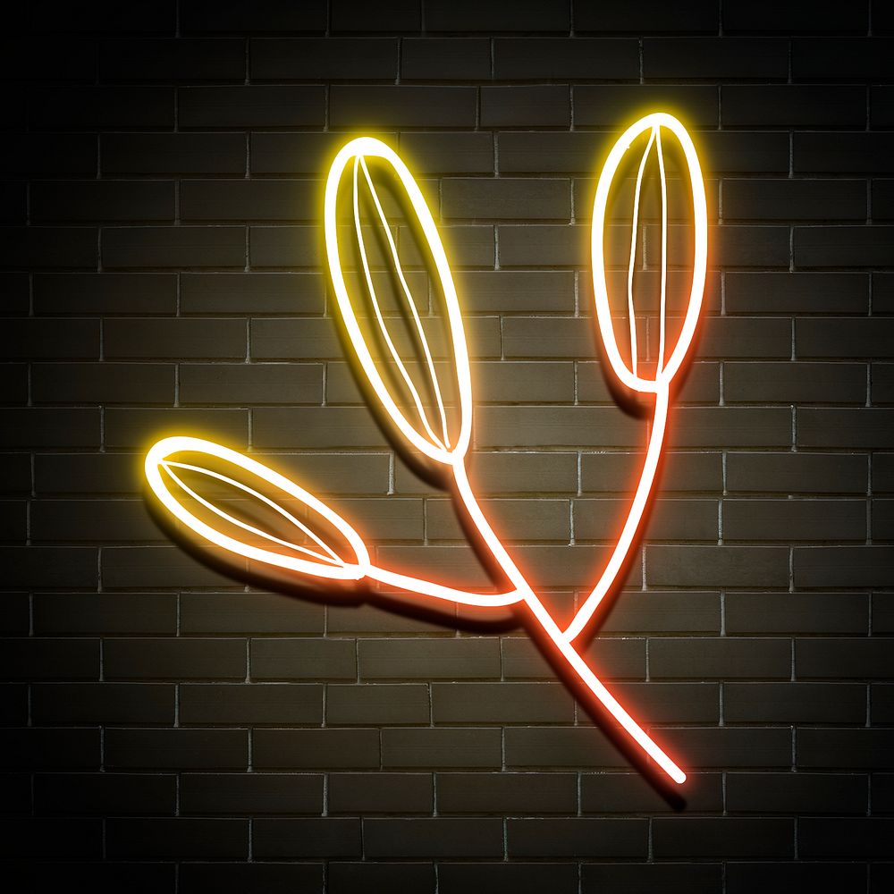 Neon yellow leaf glowing sign psd