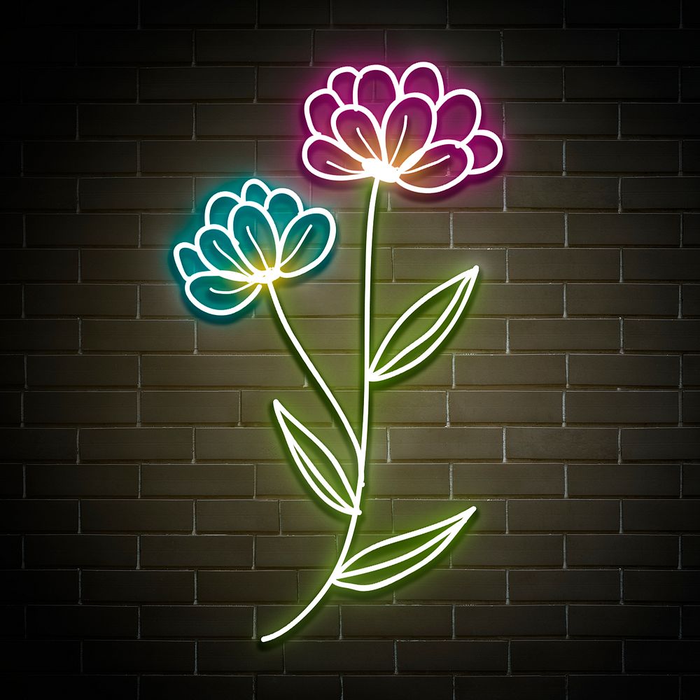 Neon glowing peony flower sign psd