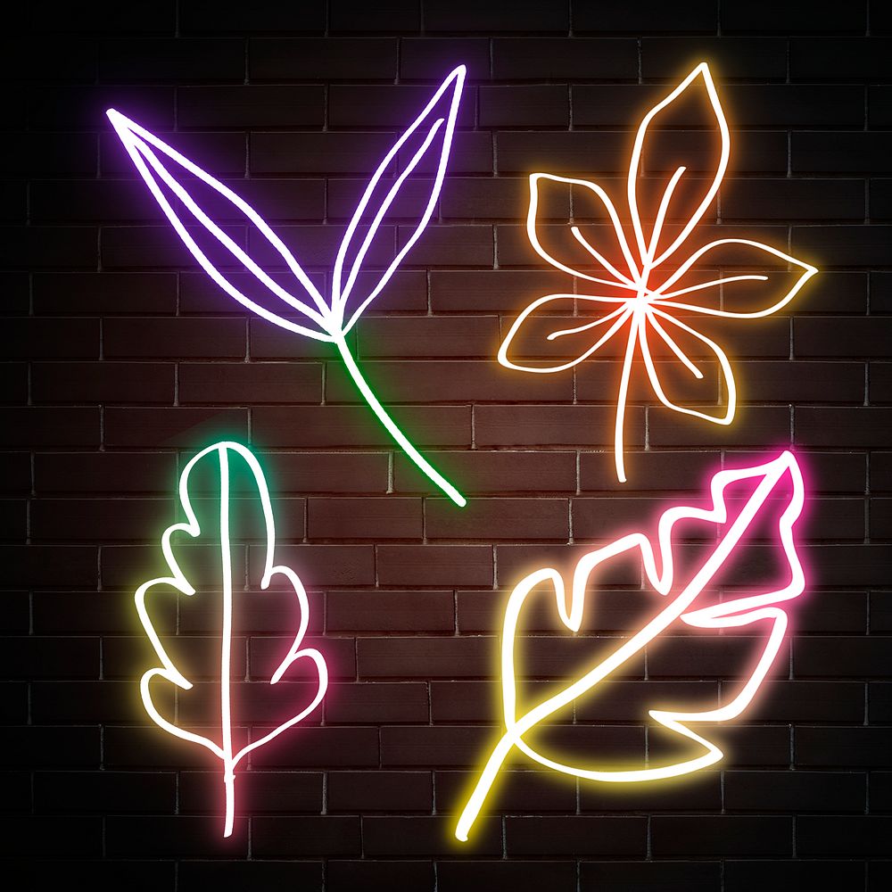 Glowing leaves neon sign hand drawn mixed