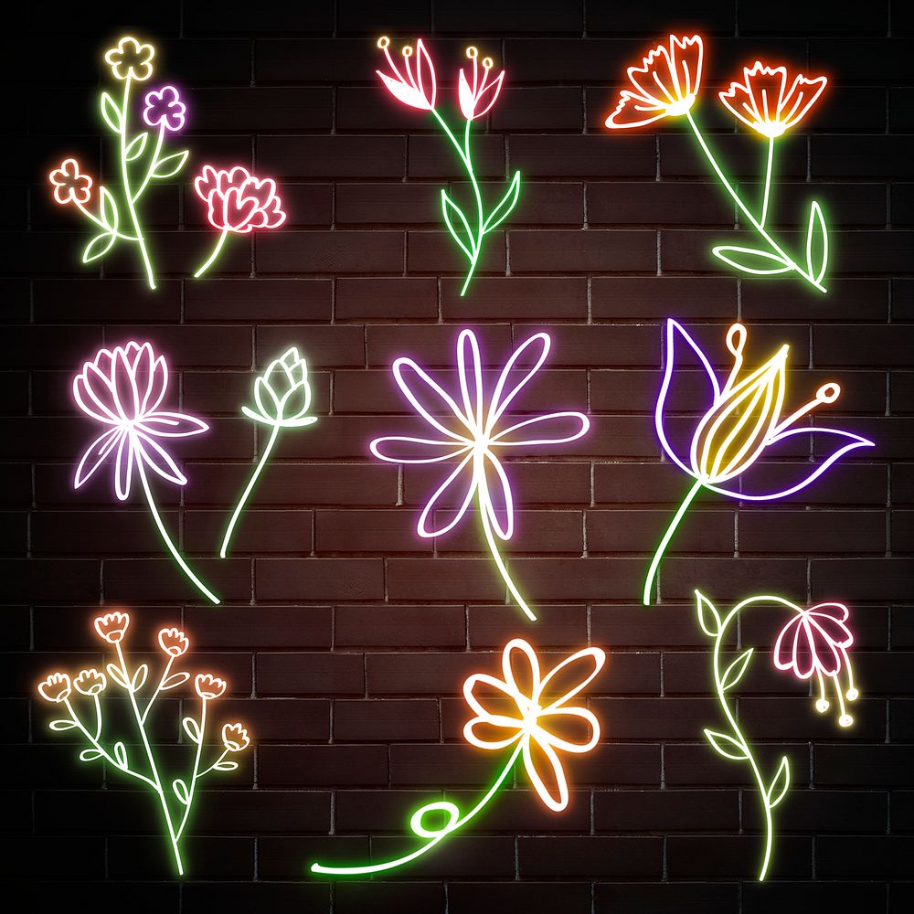 Glowing colorful neon botanical flowers hand drawn mixed