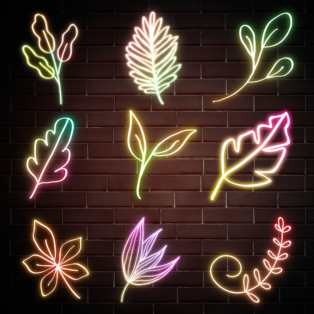 Glowing colorful neon botanical flowers hand drawn set