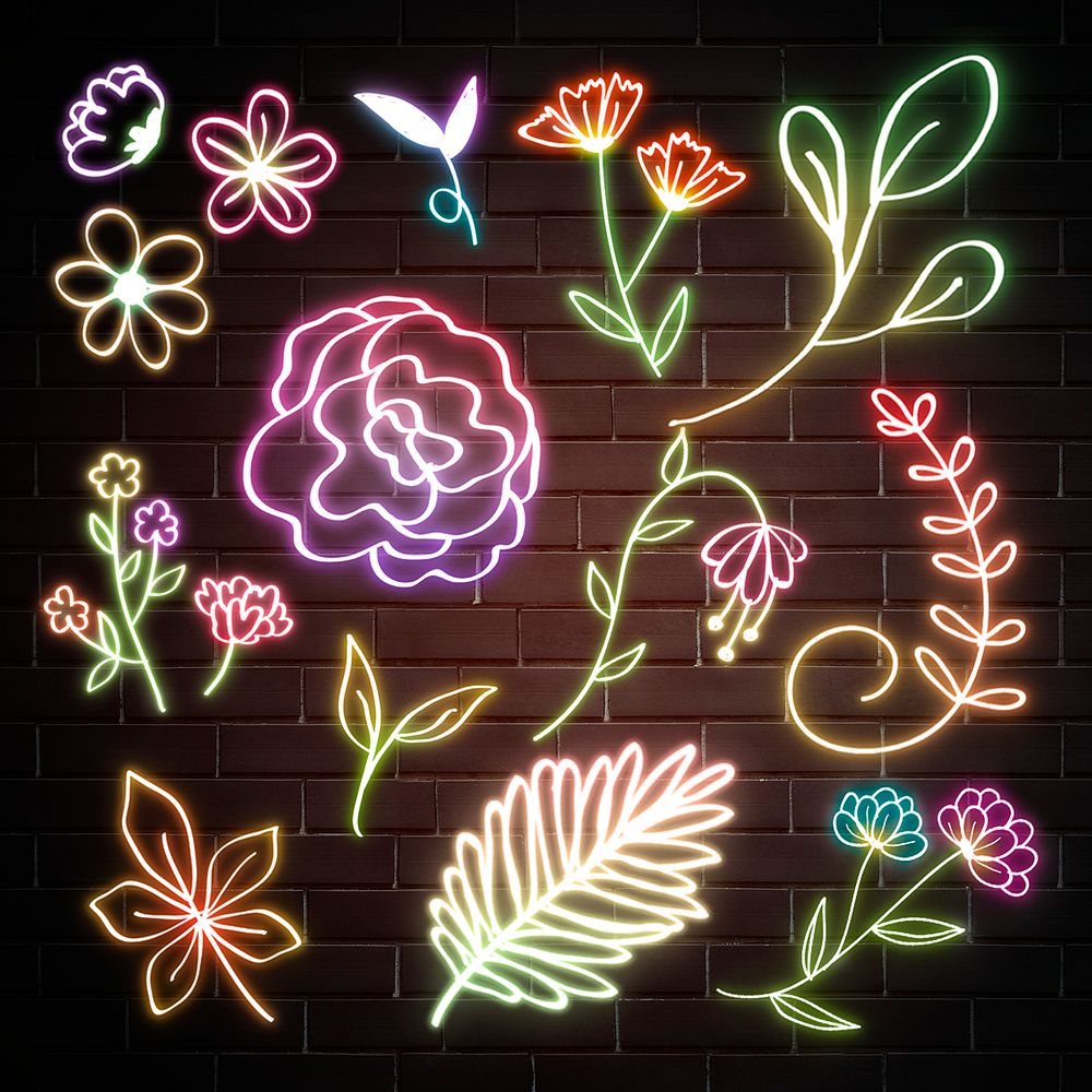 Blooming flowers neon sign doodle hand drawn collection