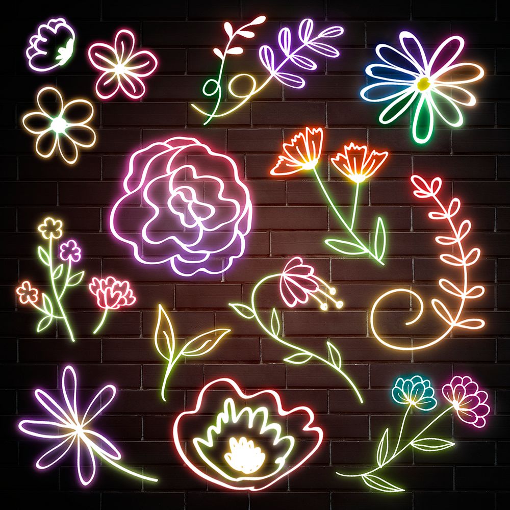 Neon flowers glowing botanical doodle set