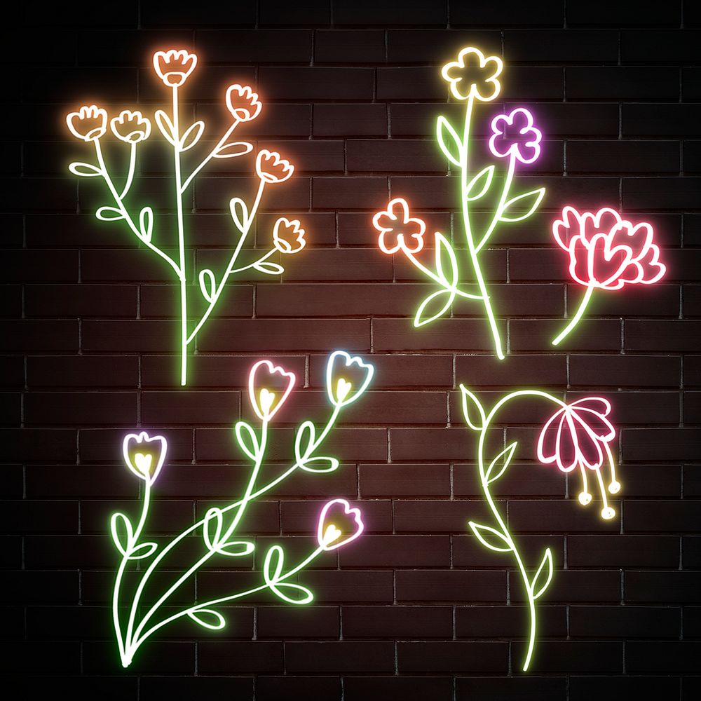 Neon wild flowers glowing botanical doodle collection