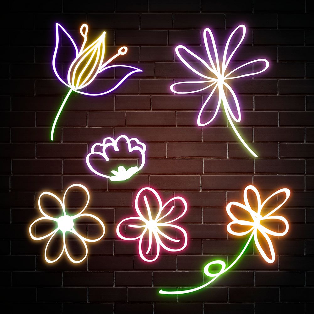 Neon flowers glowing botanical doodle mixed