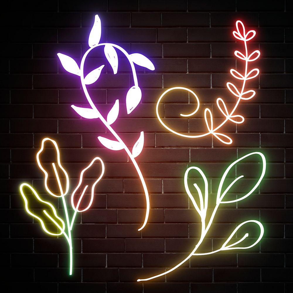 Glowing leaves neon sign hand drawn set