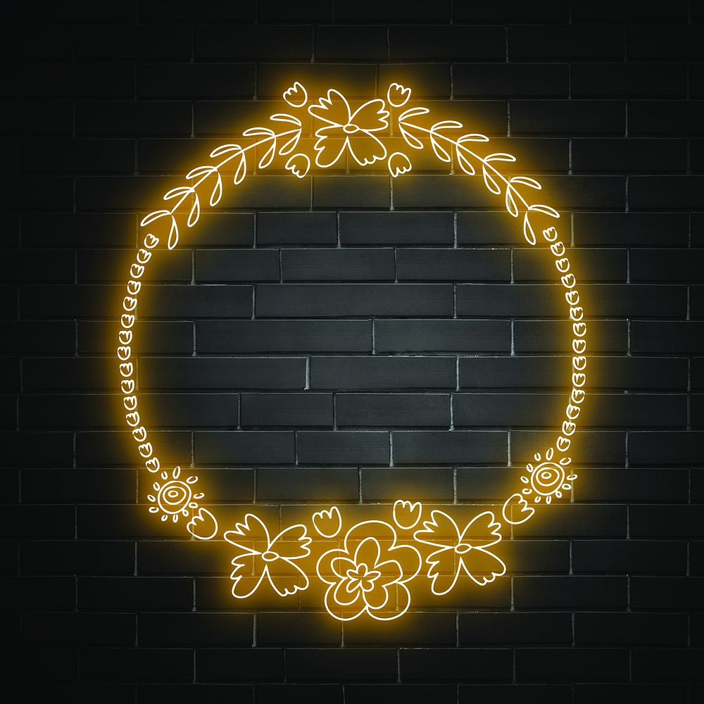 Floral neon effect frame vector yellow