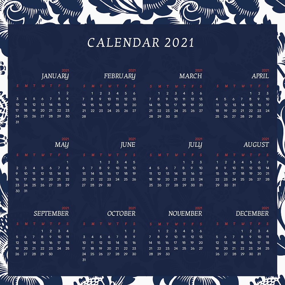 Calendar 2021 editable template psd set with William Morris floral pattern
