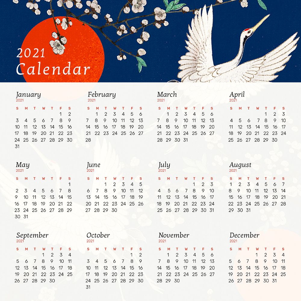 Yearly 2021 calendar psd with Japanese crane and sakura artwork remix from original print by Watanabe Seitei