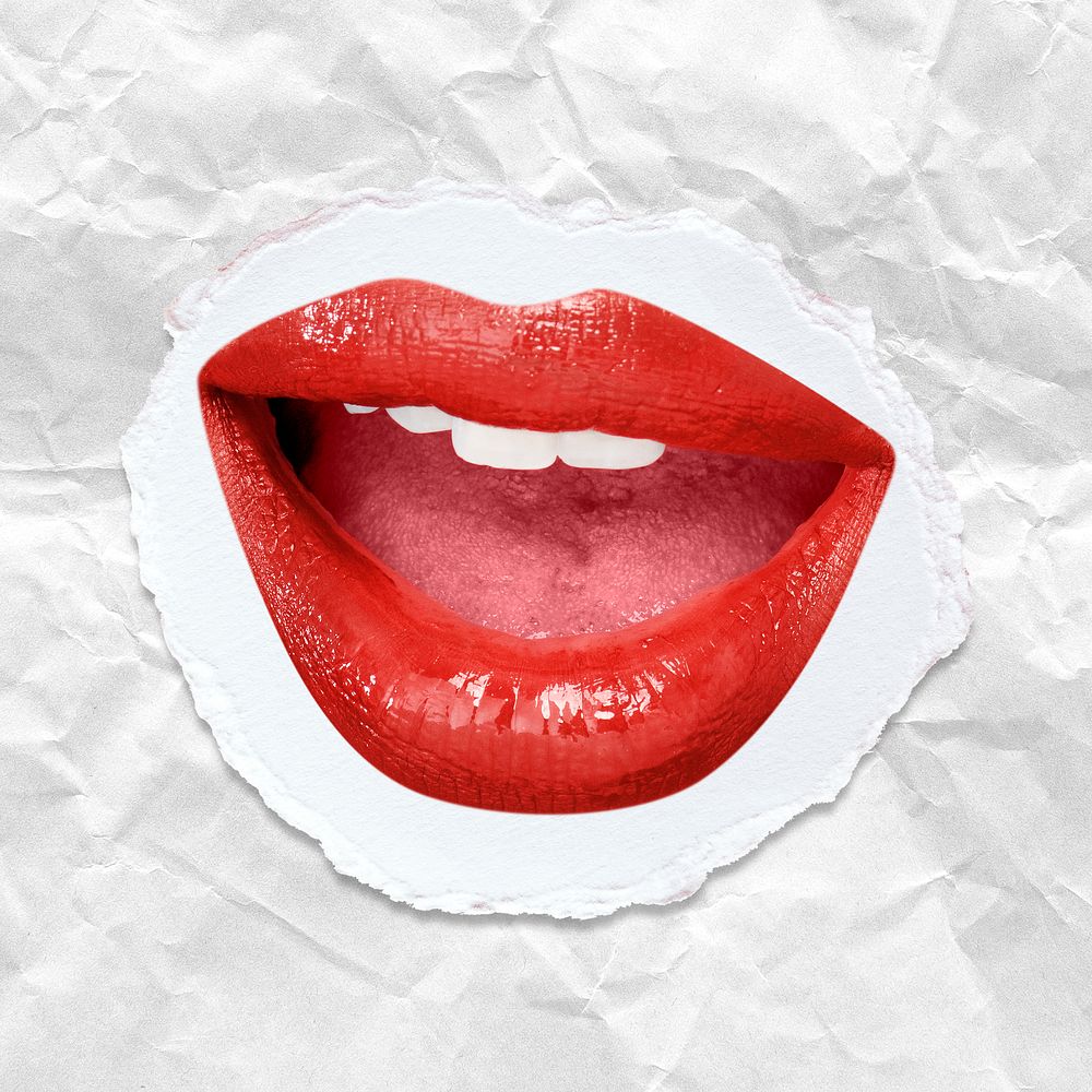 Playful red lips psd with teeth smiling closeup post