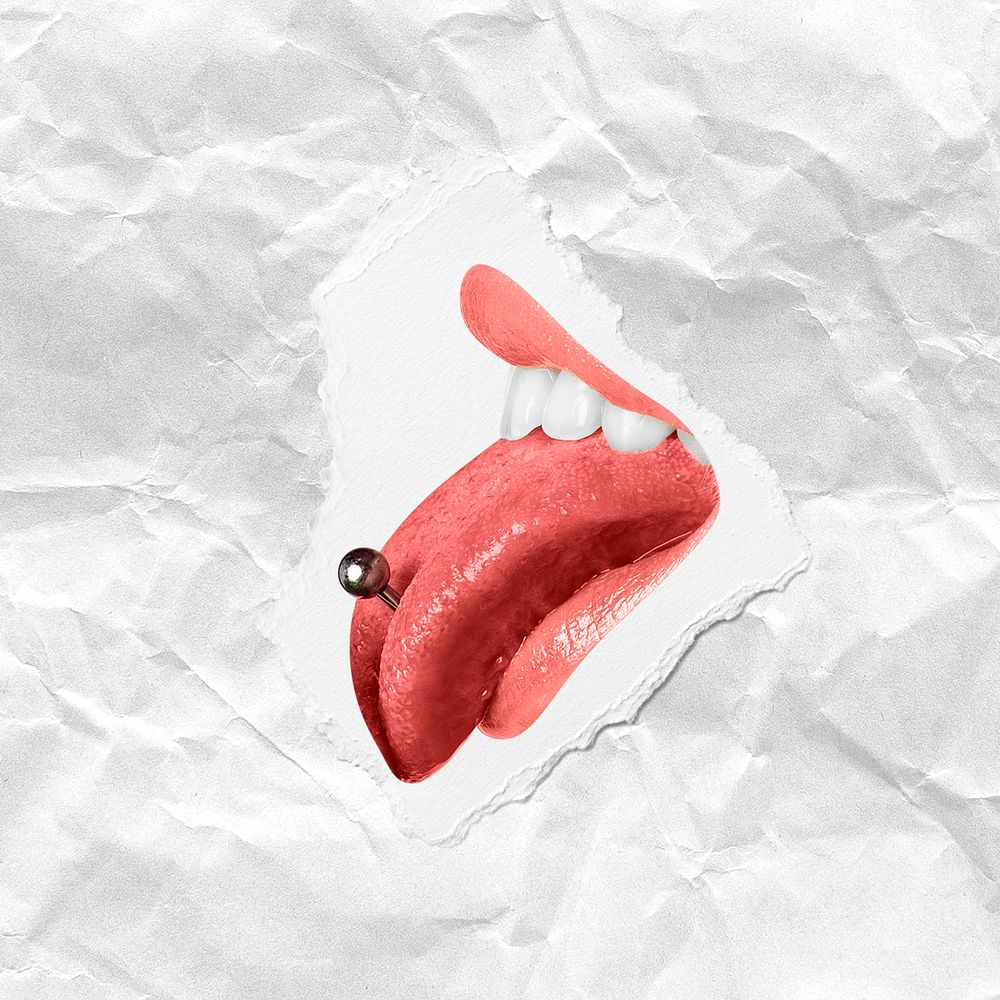 Pierced tongue red lips closeup on ripped paper background