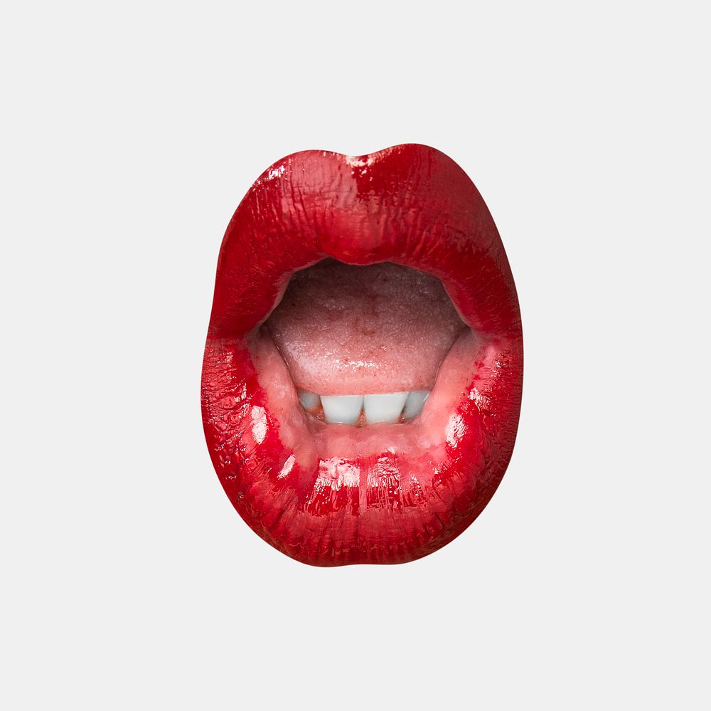 'Ooh' woman&rsquo;s red lips psd expression on gray background