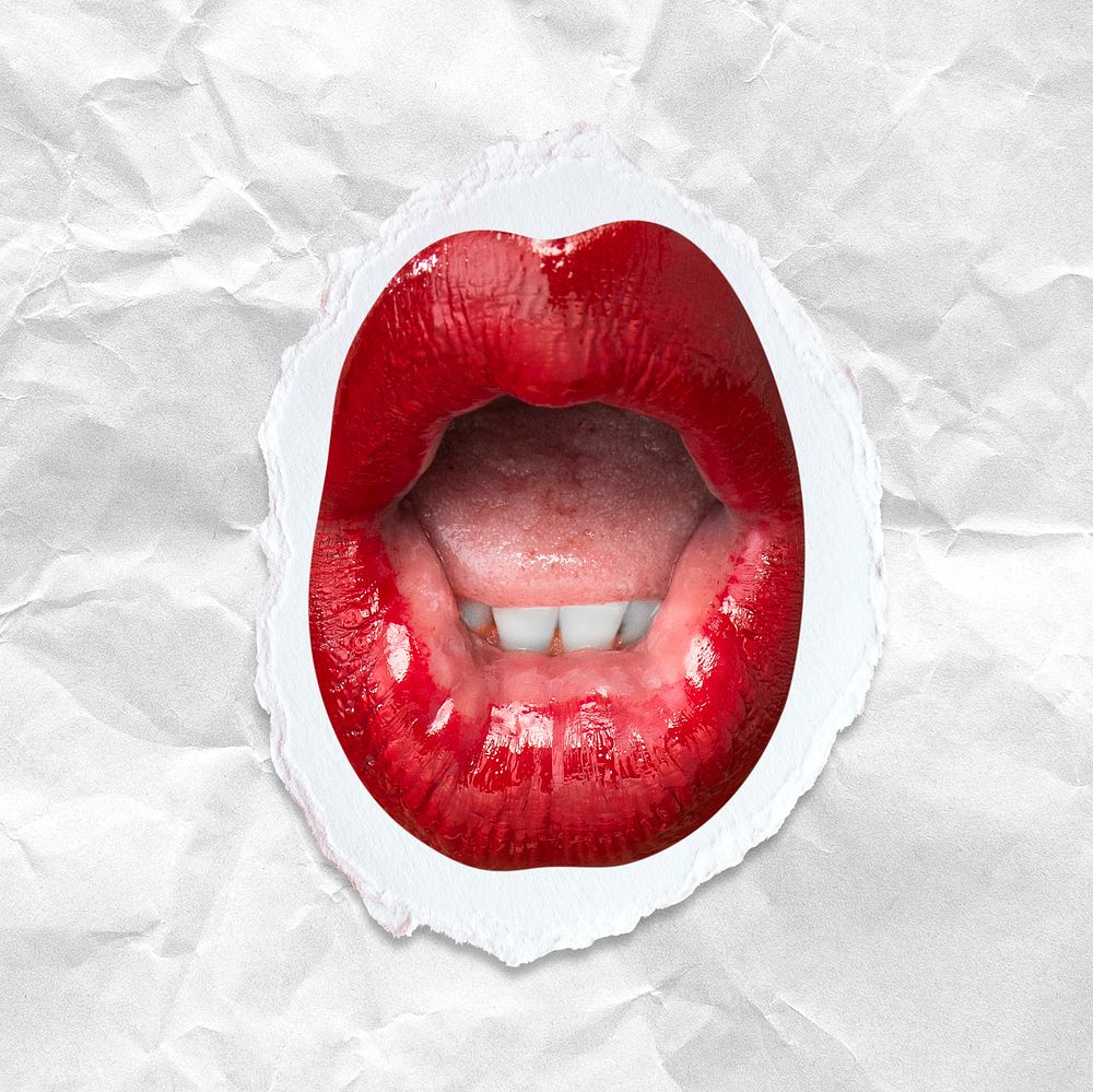 'Ooh' woman&rsquo;s red lips expression on ripped paper background