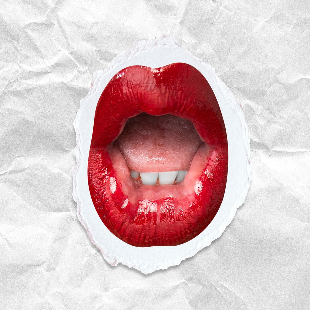 'Ooh' woman&rsquo;s red lips psd expression on ripped paper background