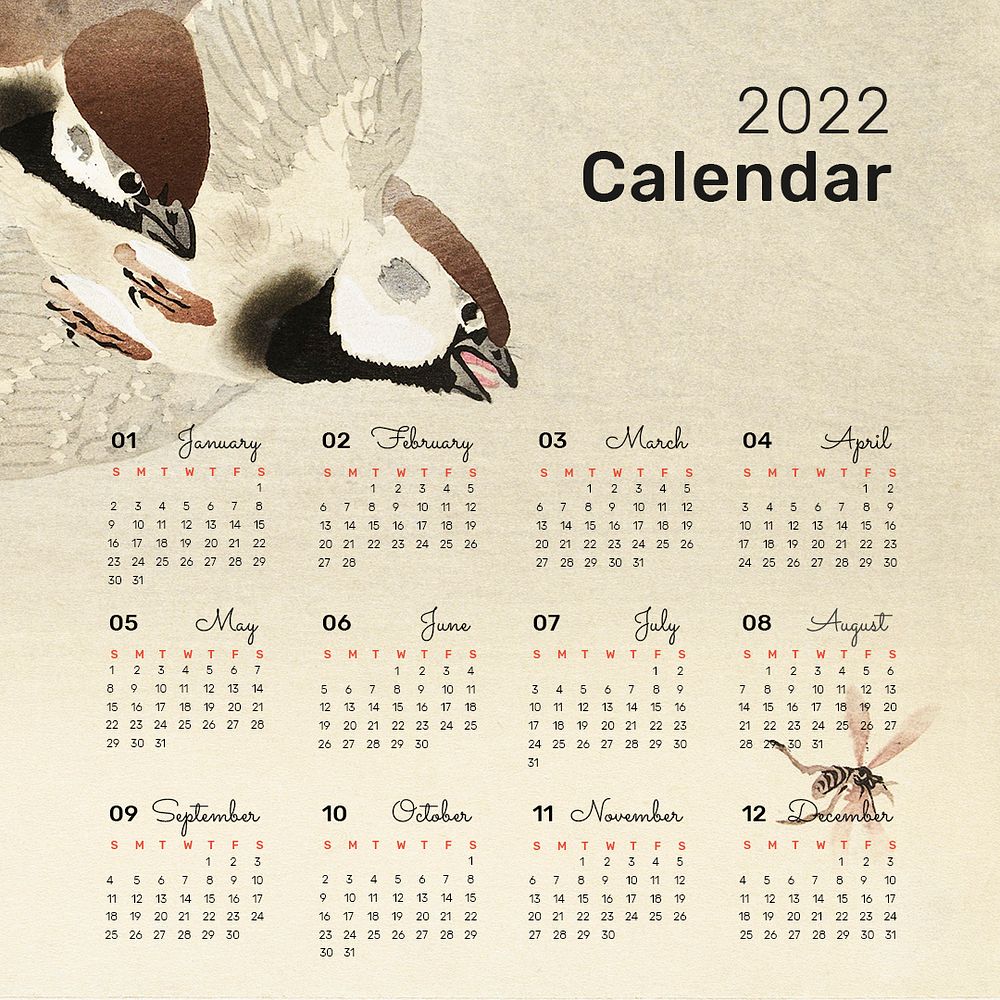 Vintage bird 2022 monthly calendar template psd, Japanese illustration. Remix from vintage artwork by Ohara Koson